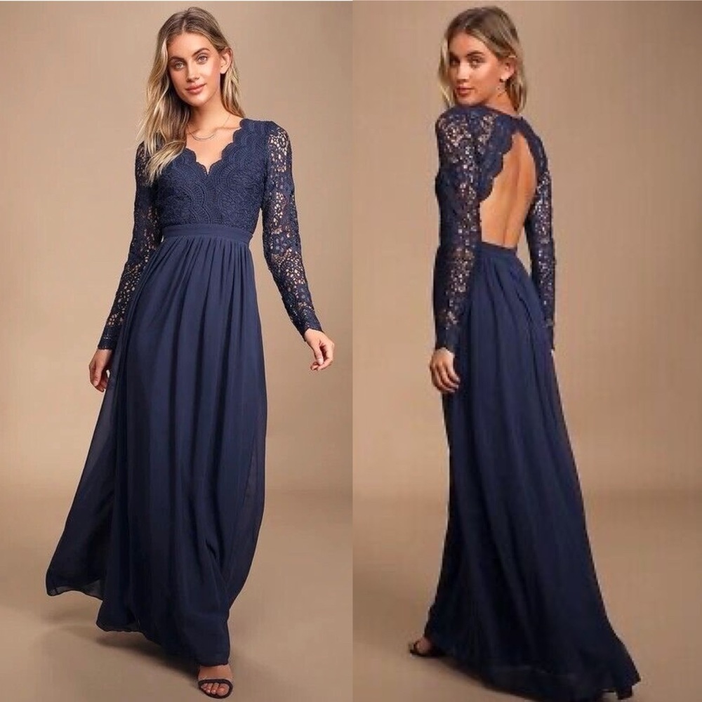 Lulu’s NWT Awaken My Love long full length Dress Navy Blue Womens size M - Picture 11 of 11